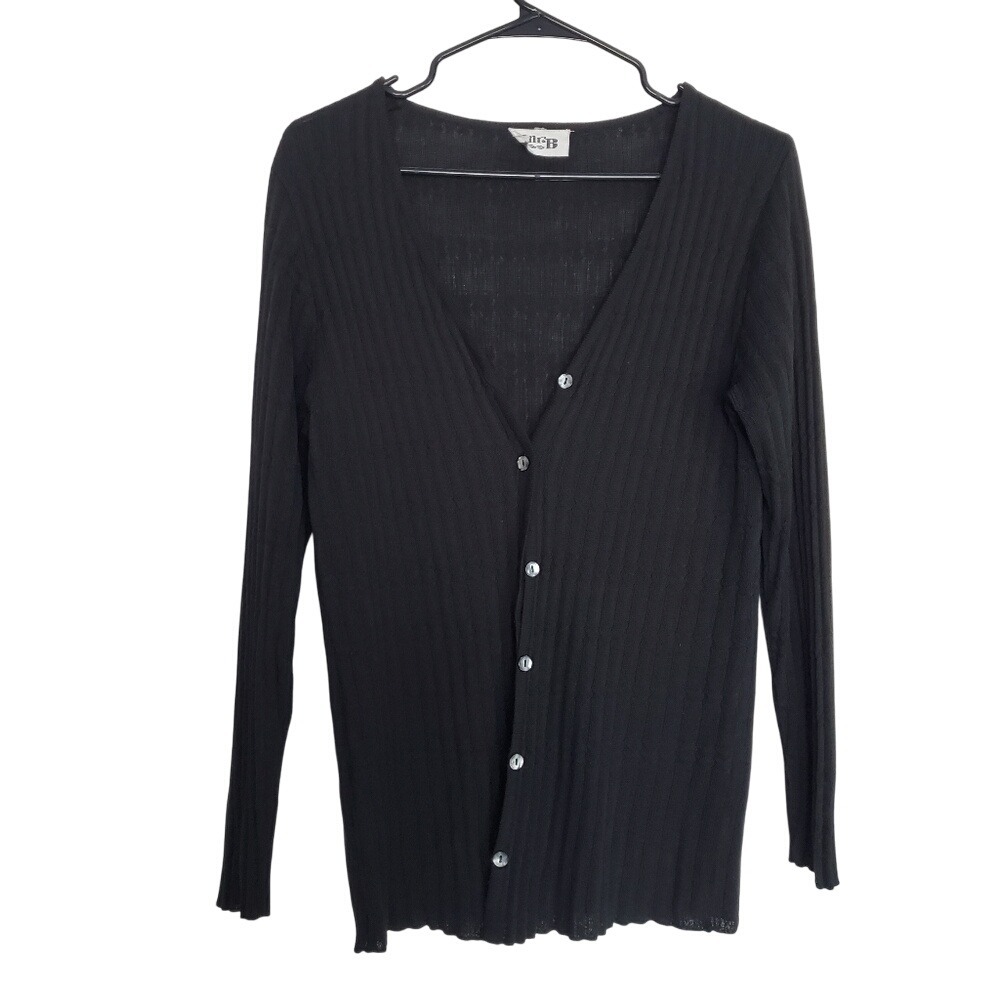 Mr. B Cardigan Sweater Black Ribbed V-Neck Button Up Long Sleeve Casual Med